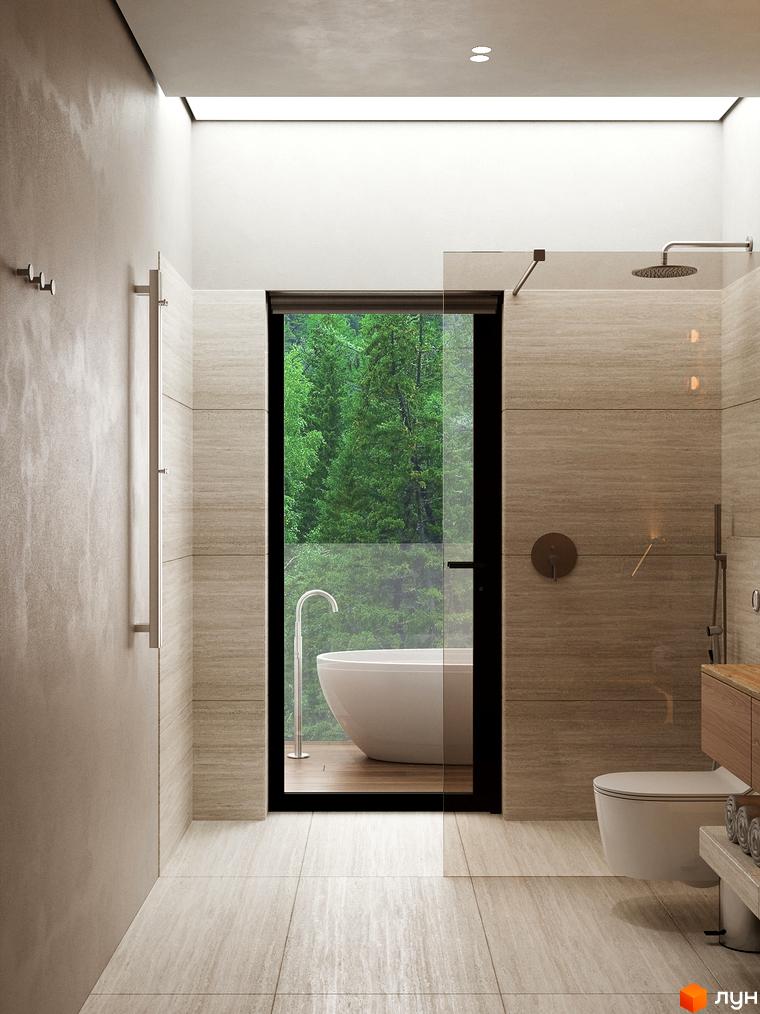 Апарт-готель MELIS: ванна кімната з видом на ліс, окремостояча ванна, душова кабіна, унітаз та раковина. Сучасний дизайн інтер'єру.