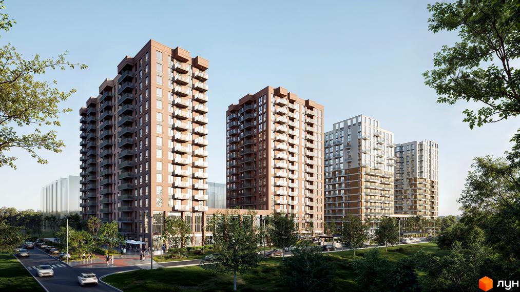 Житловий комплекс Озерні Вежі - сучасні багатоповерхові будинки з балконами та прибудинковою територією з деревами та дорогою.