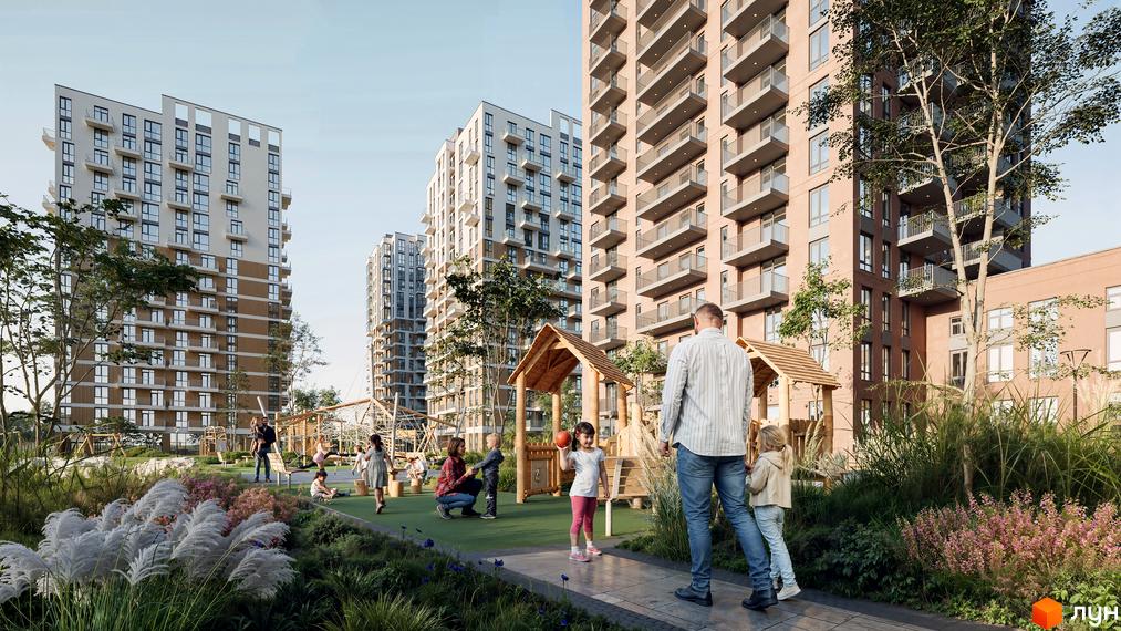 Житловий комплекс Озерні Вежі з дитячим майданчиком та зонами відпочинку. Сучасні висотні будинки з балконами та зеленою прибудинковою територією.