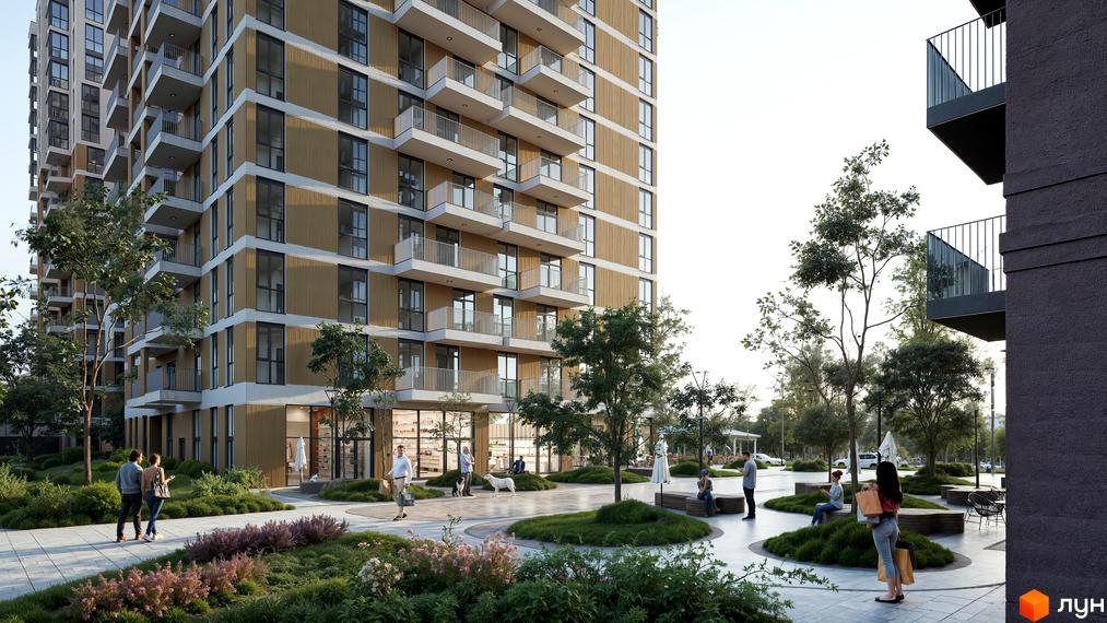 Житловий комплекс Озерні Вежі з дерев'яними фасадами та балконами, оточений зеленим ландшафтом з пішохідними доріжками та місцями для відпочинку.