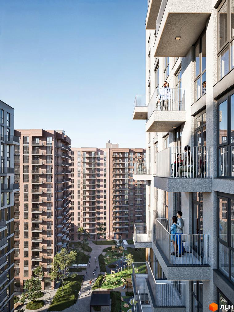 Житловий комплекс Озерні Вежі з сучасними фасадами та балконами, що виходять на зелене подвір'я з дитячим майданчиком.