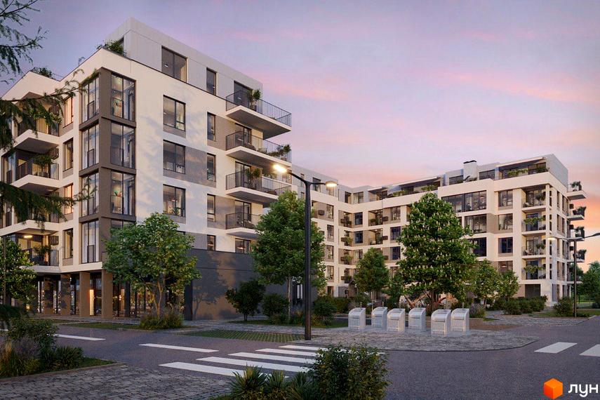 Житловий комплекс Grand Park з балконами та великими вікнами, зелена прибудинкова територія з деревами та місцями для відпочинку.