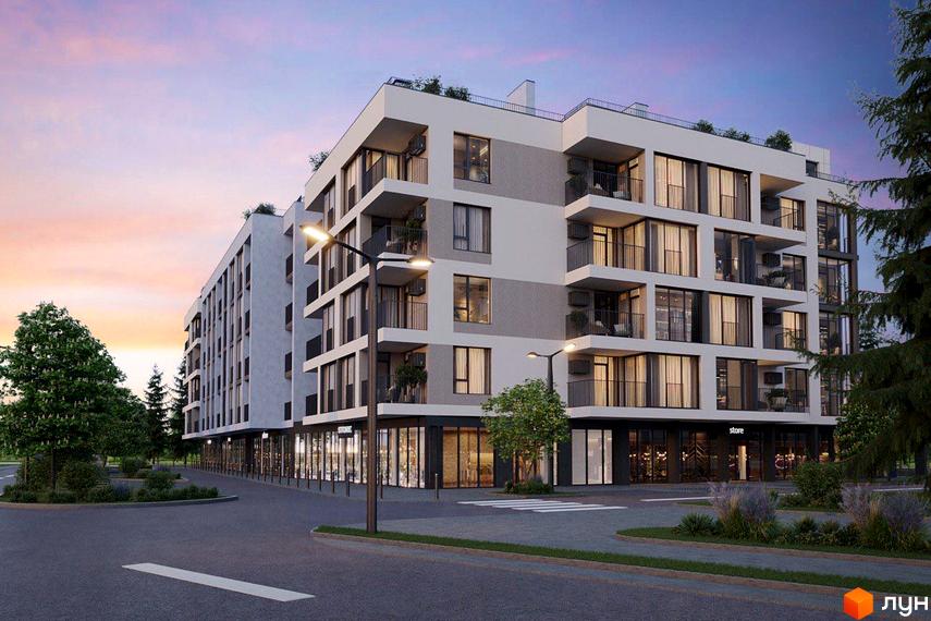 Житловий комплекс Grand Park з балконами та великими вікнами, оточений деревами та з комерційними приміщеннями на першому поверсі. Навколо будинку облаштована прибудинкова територія з освітленням та пішохідним переходом.