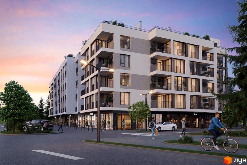 Житловий комплекс Grand Park з балконами та великими вікнами, з прибудинковою територією та дорогою.