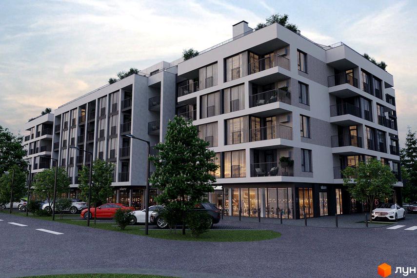 Житловий комплекс Grand Park – це багатоповерхова новобудова з балконами та великими вікнами, розташована біля дороги з прибудинковою територією та деревами.