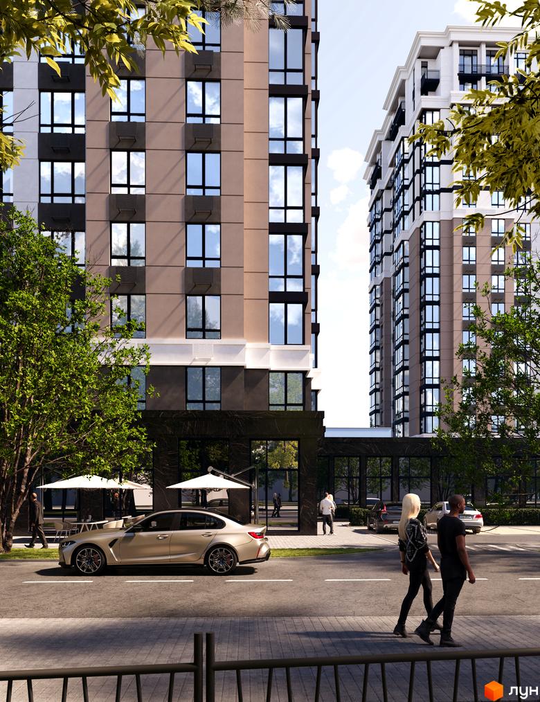 Житловий комплекс ЖК Центральний Bucha Prestige з фасадами з вікон та кондиціонерів, прибудинкова територія з деревами та автомобілями.