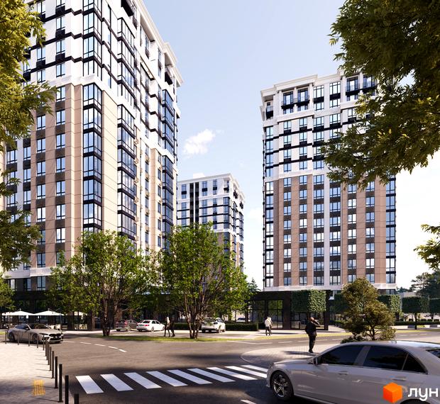 Житловий комплекс Центральний Bucha Prestige з високими будинками та скляними фасадами, оточений деревами та з пішохідним переходом.