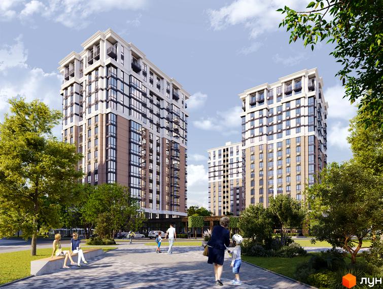 Житловий комплекс Центральний Bucha Prestige - це сучасні багатоповерхові будинки з панорамними вікнами та доглянутою прибудинковою територією з зеленими зонами та місцями для відпочинку.