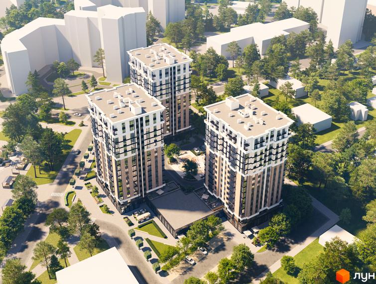 Житловий комплекс Центральний Bucha Prestige - три висотні будинки з біло-бежевими фасадами та темними вікнами, оточені зеленню та доглянутою прибудинковою територією з доріжками та парковкою.