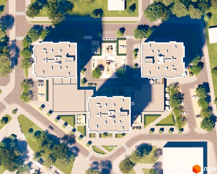 Житловий комплекс ЖК Центральний Bucha Prestige з висоти пташиного польоту, з трьома будівлями та облаштованою прибудинковою територією, дитячими майданчиками та зонами відпочинку.