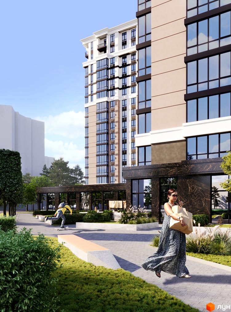 Новобудова ЖК Центральний Bucha Prestige з елегантною фасадною обробкою та великими вікнами. Прибудинкова територія з доглянутими зеленими зонами та місцями для відпочинку.