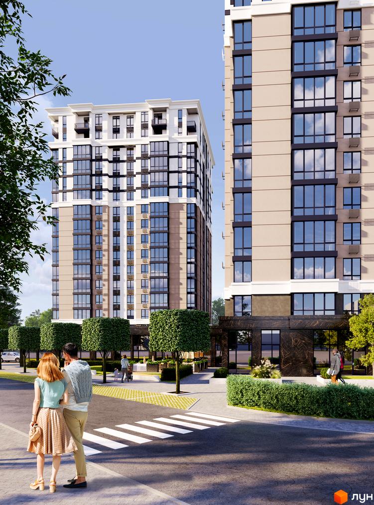 Житловий комплекс ЖК Центральний Bucha Prestige: двоповерхові будинки з великими вікнами та балконами, зелена прибудинкова територія з деревами та кущами.