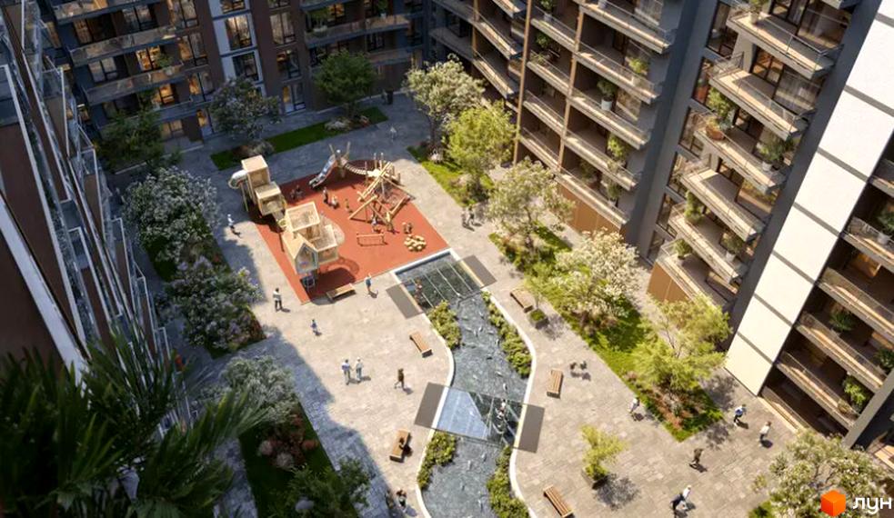 Житловий комплекс Etalon Gold: сучасний вигляд будівель та облаштована прибудинкова територія з дитячим майданчиком та зоною відпочинку.