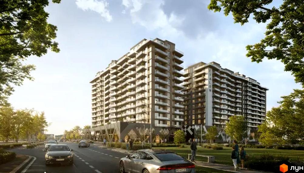 Житловий комплекс Etalon Gold з багатоповерховими будинками та прибудинковою територією з деревами та дорогою. Зовнішній вигляд новобудови.