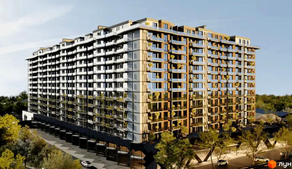 Новобудова Etalon Gold з фасадом з вікон та балконів, оточена деревами та дорогою з автомобілями.