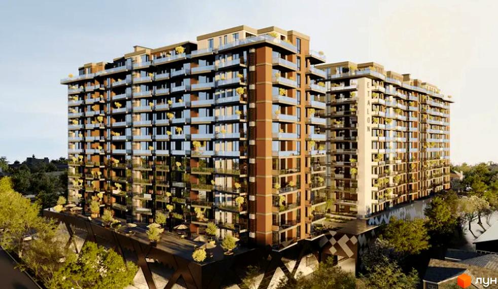 Житловий комплекс Etalon Gold - це багатоповерхові будинки з балконами та скляними фасадами, оточені зеленню та деревами.