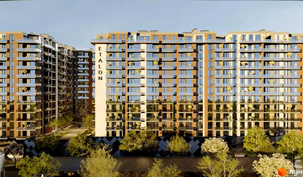 Зовнішній вигляд житлового комплексу Etalon Gold з численними балконами та вікнами, оточений зеленими деревами. Новобудова з елементами дизайну.