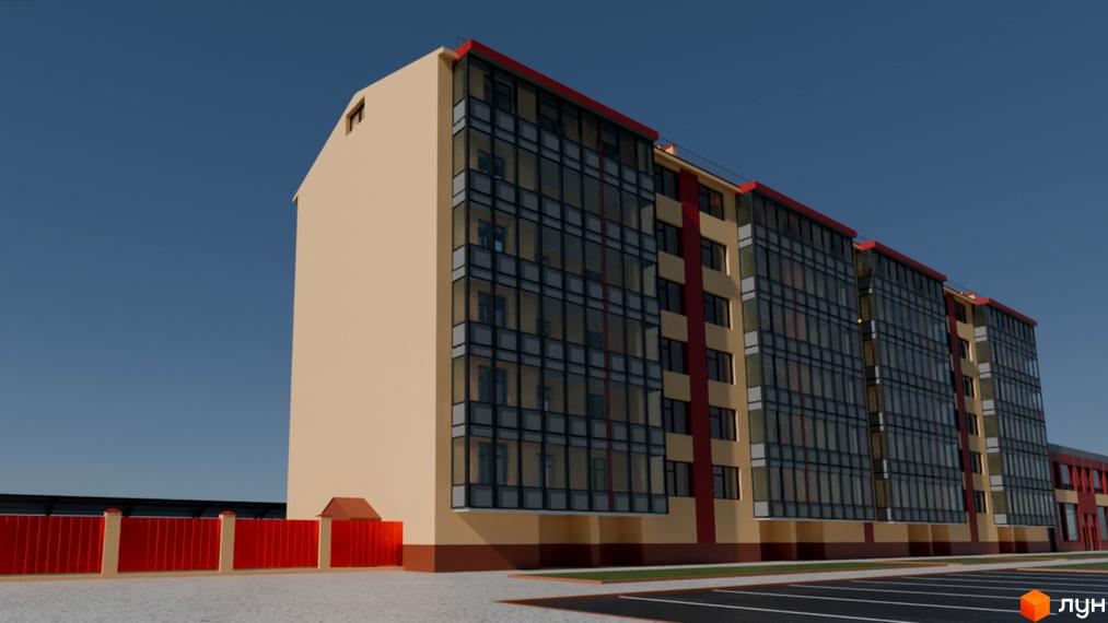 Зовнішній вигляд житлового комплексу Перлина Дунаю з панорамним склінням та червоним парканом. Новобудова з парковкою та зеленими насадженнями.