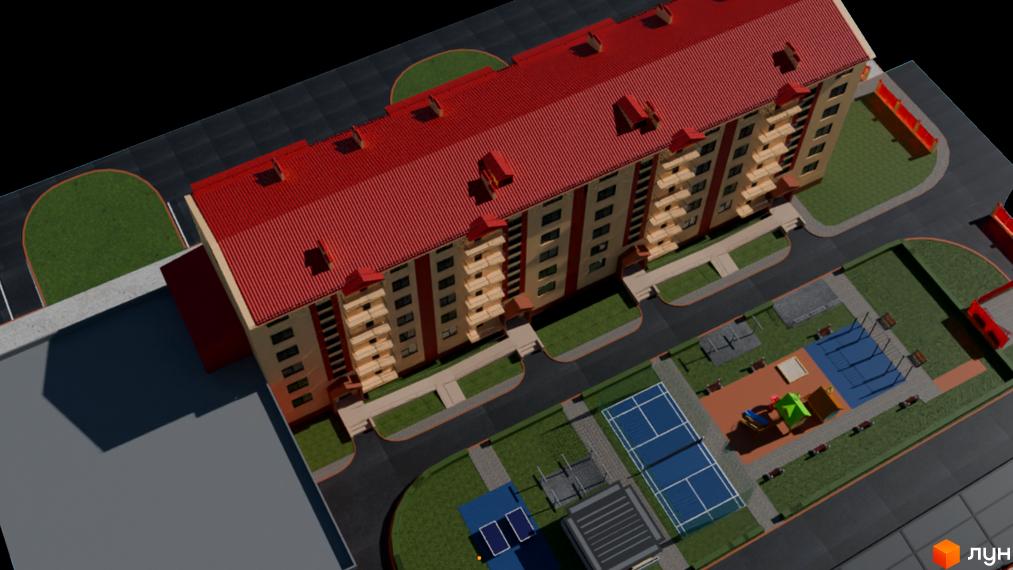 Житловий комплекс Перлина Дунаю з червоним дахом та світлими фасадами, дитячим майданчиком та спортивними зонами.