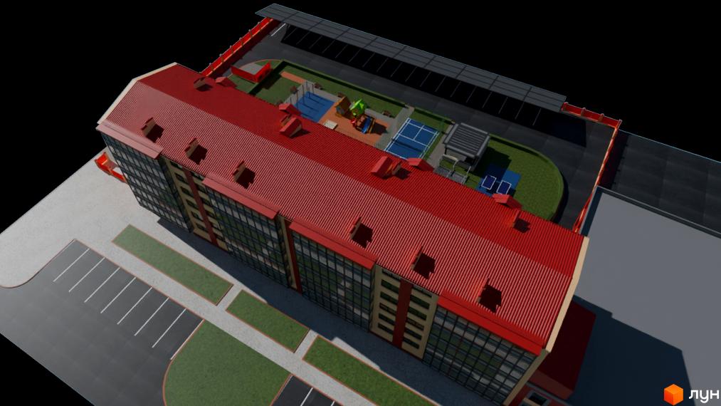 Житловий комплекс Перлина Дунаю з червоним дахом та скляними фасадами, з дитячим майданчиком та спортивними зонами.