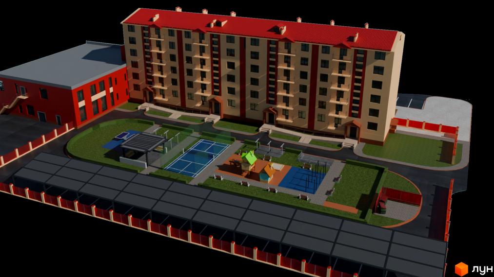 Житловий комплекс Перлина Дунаю: багатоповерховий будинок з червоним дахом та прибудинкова територія з дитячим майданчиком та спортивними зонами.