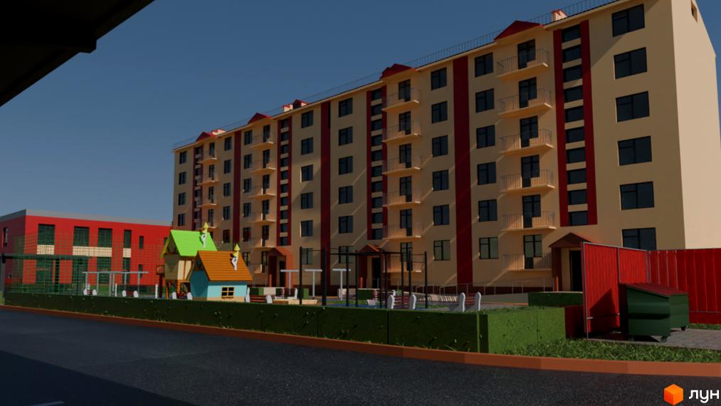 Житловий комплекс Перлина Дунаю: багатоповерховий будинок світло-бежевого кольору з червоними вертикальними смугами, балконами та вікнами. Поруч дитячий майданчик та червона будівля.