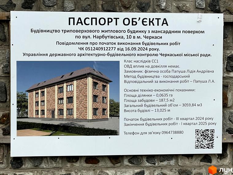 Будівельний проєкт триповерхового житлового будинку з мансардним поверхом на вул. Нарбутівська, 10. На зображенні видно фасад будівлі та прибудинкову територію з деревами та газоном.