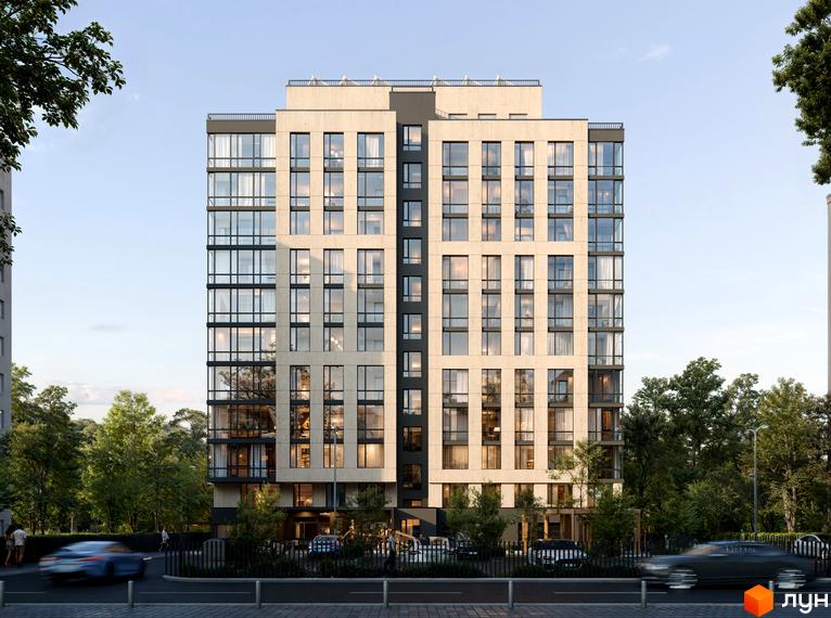 Новобудова ЖК D25 з великою кількістю вікон та світлим фасадом. Навколо будинку зелені дерева та облаштована прибудинкова територія.