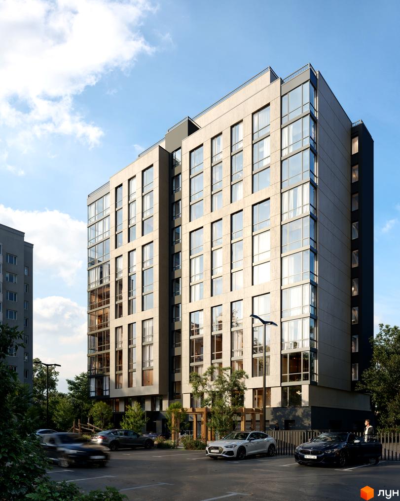 Будівельний проєкт D25 з великими вікнами та світлим фасадом, парковка з автомобілями та зелені насадження навколо.