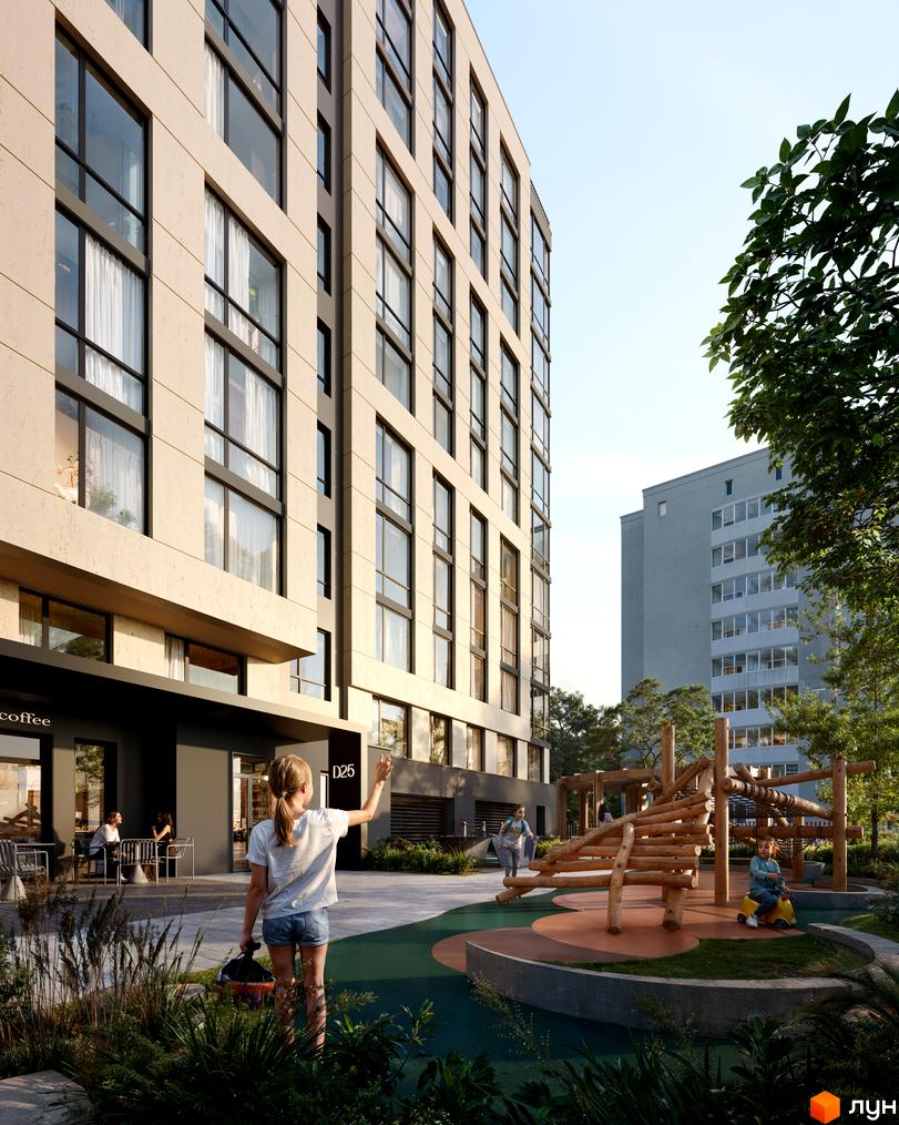 Новобудова ЖК D25 з великими вікнами та дитячим майданчиком з дерев'яними конструкціями. Територія комплексу зелена та доглянута.