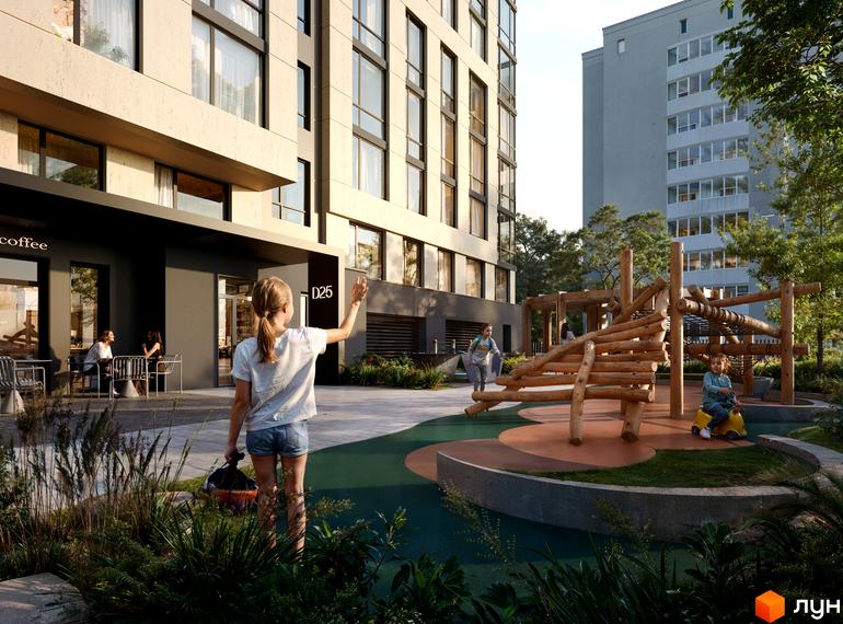 Новобудова ЖК D25 з дитячим майданчиком та зоною відпочинку. Зовнішній вигляд будинку та прибудинкова територія.
