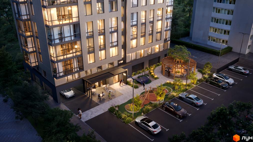 Житловий комплекс D25: багатоповерхова будівля з панорамними вікнами та затишною прибудинковою територією з дитячим майданчиком та парковкою.