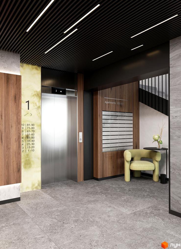 Інтер'єр холу новобудови ЖК D25 з ліфтом, поштовими скриньками та зоною відпочинку. Сучасний дизайн та зручний простір для мешканців.