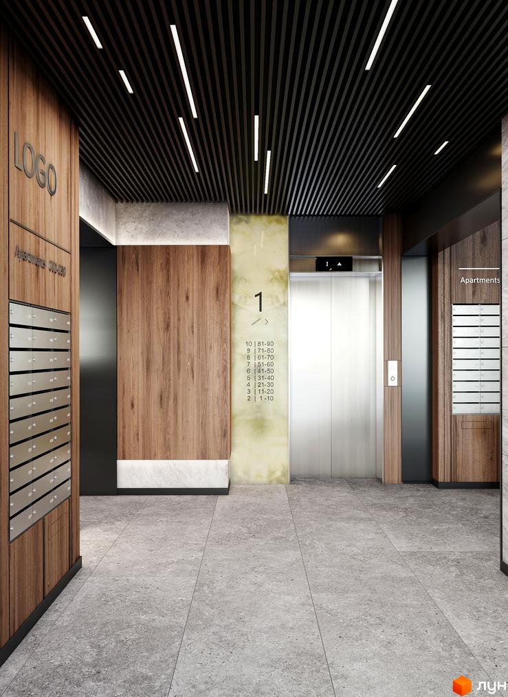 Інтер'єр холу новобудови ЖК D25 з ліфтом та поштовими скриньками. Сучасний дизайн з дерев'яними елементами та освітленням.