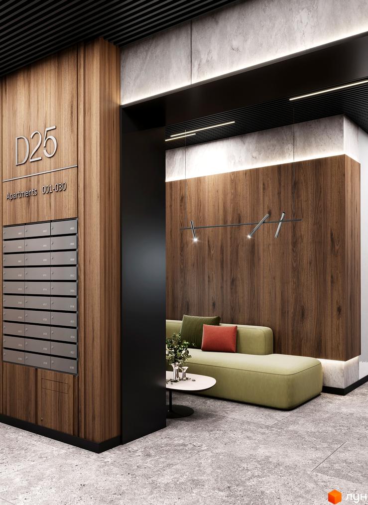 Житловий комплекс D25 з дерев'яними панелями та зоною відпочинку з диваном. Новобудова з індивідуальними поштовими скриньками.