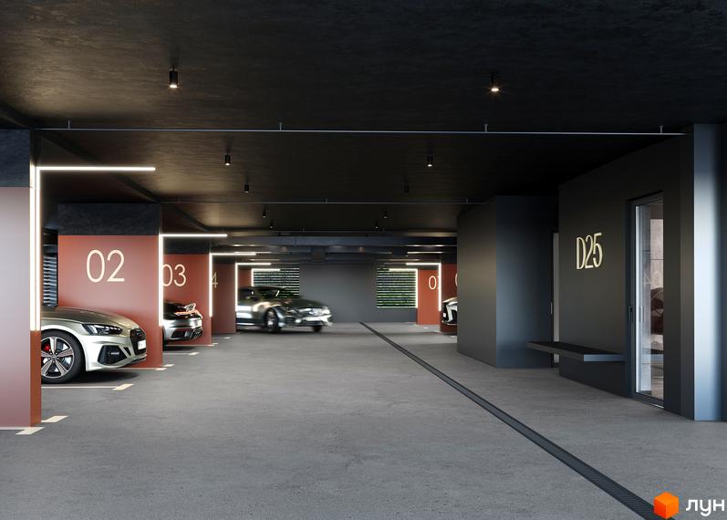 Підземний паркінг житлового комплексу D25 з маркуванням місць для паркування та освітленням. Сучасний дизайн та зручне планування для мешканців.