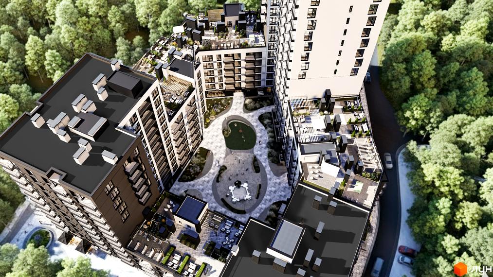 Житловий комплекс Фруктова Алея - вид згори на будівлі та внутрішній двір з зеленими зонами та місцями для відпочинку.