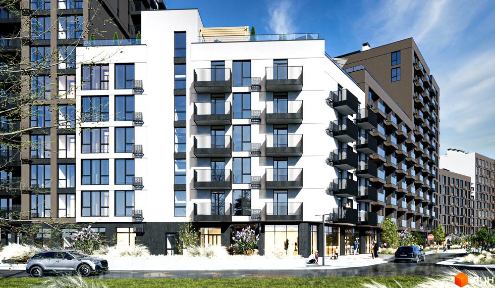 Новобудова ЖК Фруктова Алея. Зовнішній вигляд будинку з балконами та вікнами, прибудинкова територія з деревами та пішохідною зоною.