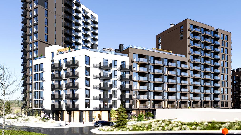 Житловий комплекс Фруктова Алея - сучасна новобудова з балконами та скляними фасадами, зелена прибудинкова територія.