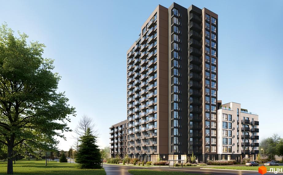 Новобудова ЖК Фруктова Алея з балконами та вікнами, оточена деревами та зеленою зоною.