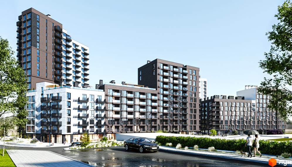 Житловий комплекс Фруктова Алея - сучасна новобудова з балконами та прибудинковою територією з деревами та пішохідною зоною.