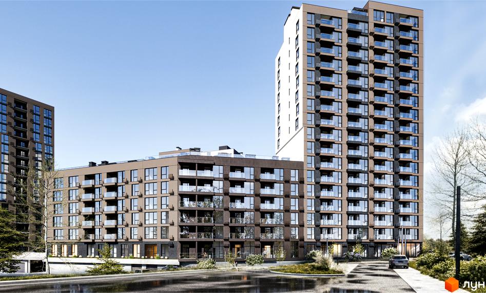 Зовнішній вигляд новобудови ЖК Фруктова Алея з численними балконами та панорамними вікнами. Прибудинкова територія з деревами та дорогою.