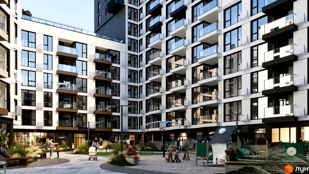 Сучасний житловий комплекс Фруктова Алея з балконами та дитячим майданчиком. Зелена прибудинкова територія з ландшафтним дизайном.