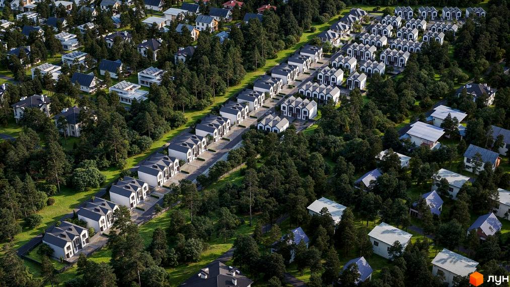 Вид зверху на котеджне містечко Сімейний маєток з білими будинками та темними дахами, оточене зеленими деревами. Прибудинкова територія доглянута, з доріжками та газонами.