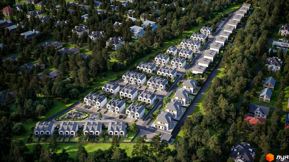 Таунхауси Сімейний маєток. Сучасний житловий комплекс з білими та сірими будинками, оточений зеленню та деревами.