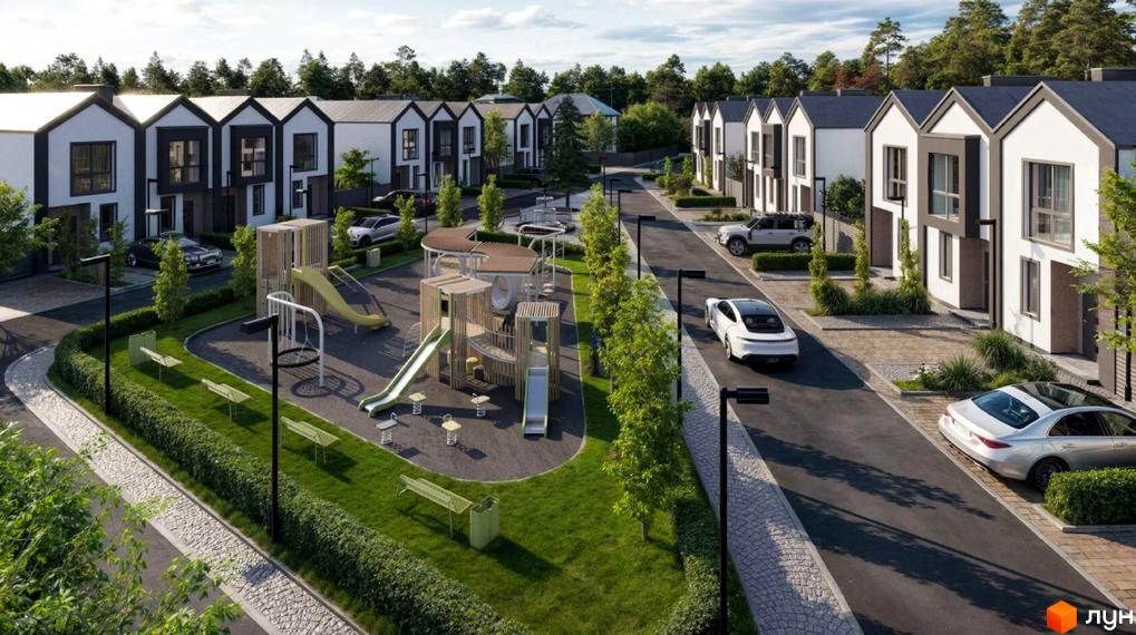 Таунхауси Сімейний маєток: сучасні двоповерхові будинки з чорними віконними рамами та доглянутою прибудинковою територією з дитячим майданчиком.