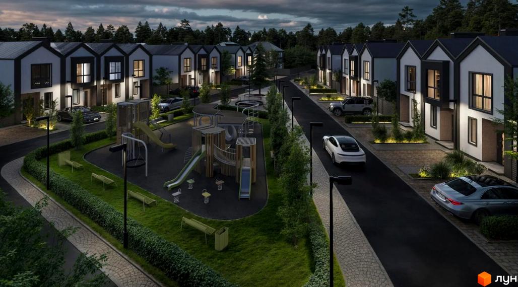 Зовнішній вигляд таунхаусів Сімейний маєток з сучасними фасадами та прибудинковою територією з дитячим майданчиком та місцями для паркування.