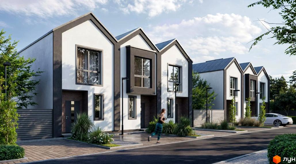 Таунхауси Сімейний маєток з білими фасадами та темними елементами, вікнами, перед якими розташована доглянута прибудинкова територія з деревами та кущами.