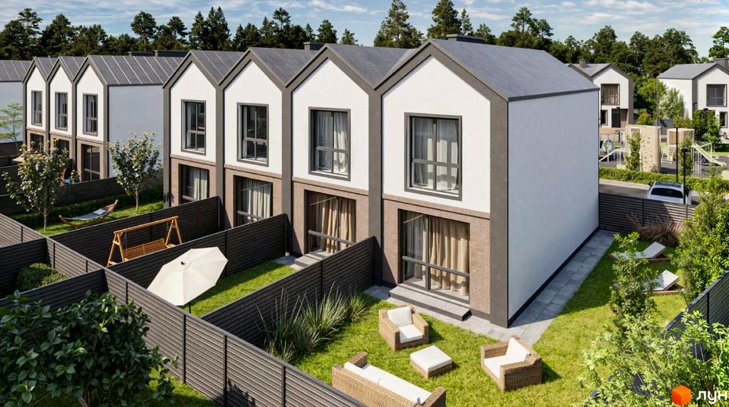 Сімейний маєток таунхауси з сірими дахами та білими фасадами, приватні дворики з дитячим майданчиком та зонами відпочинку.