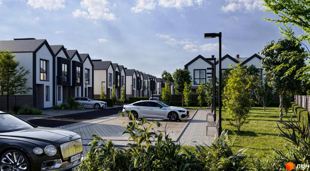 Таунхауси Сімейний маєток - це сучасний житловий комплекс з білими фасадами та темними дахами, розташований серед зелених дерев та доглянутих газонів.